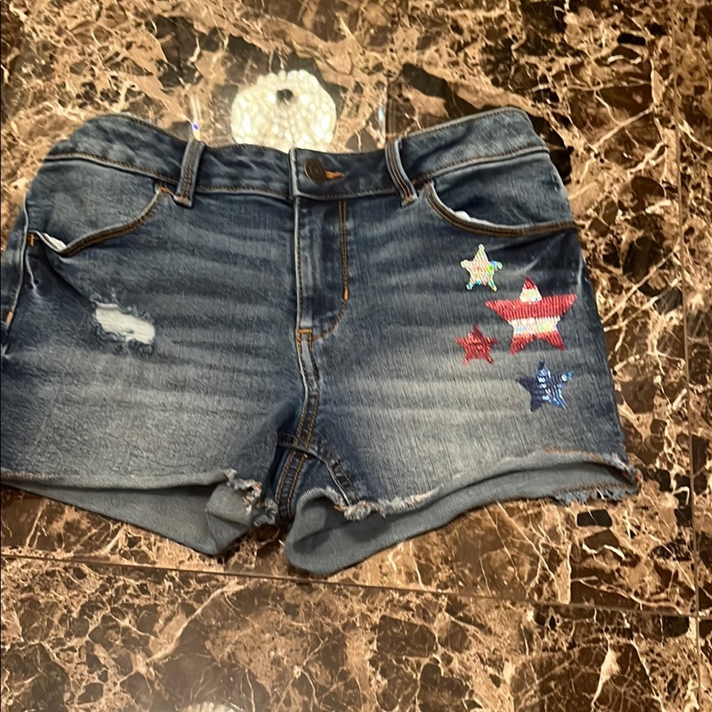 SO Blue and Red Jean Shorts with Distressed Details
